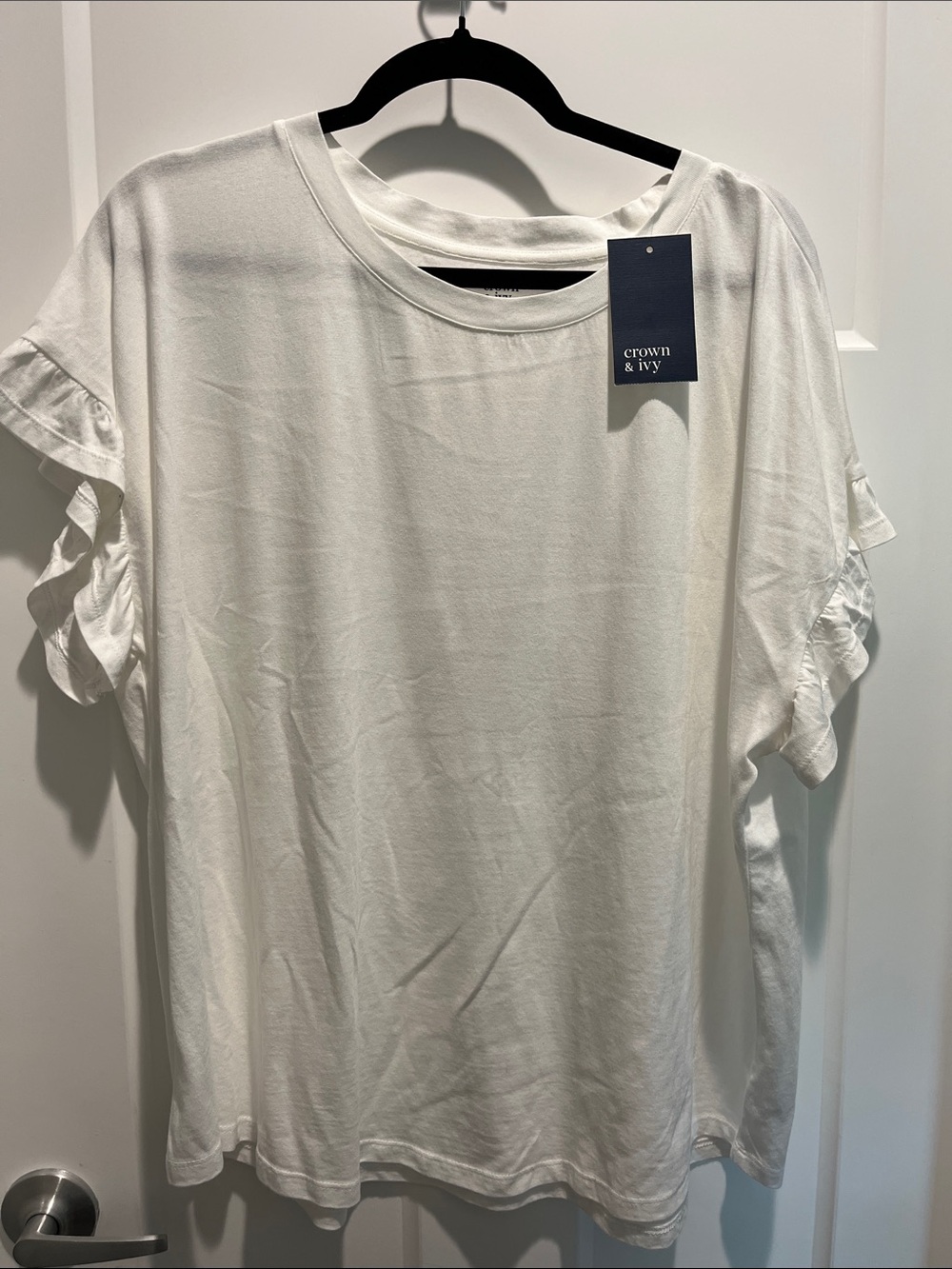 crown & ivy White Short Sleeve Tee with Ruffle Sleeves